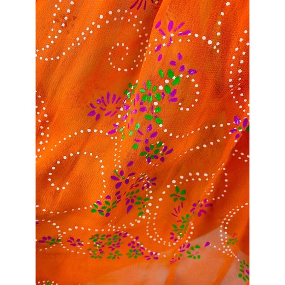 Vintage 1960s Cocktail Dress Orange Sheer Sleeves Hand Painted Floral Dolly - Picture 3 of 10
